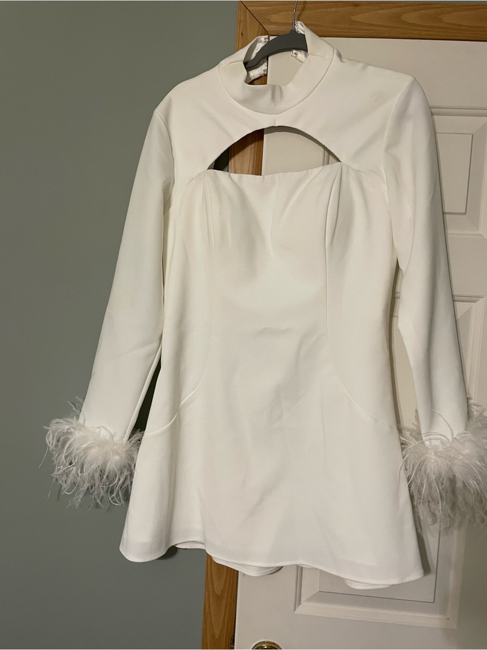 Jovani White Bridal Mini Dress With Feather Cuffs